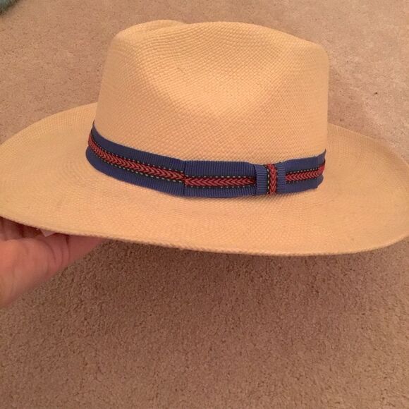 Authentic Vintage Panama Straw Fedora Hat with Blue and Red Band - Picture 1 of 4